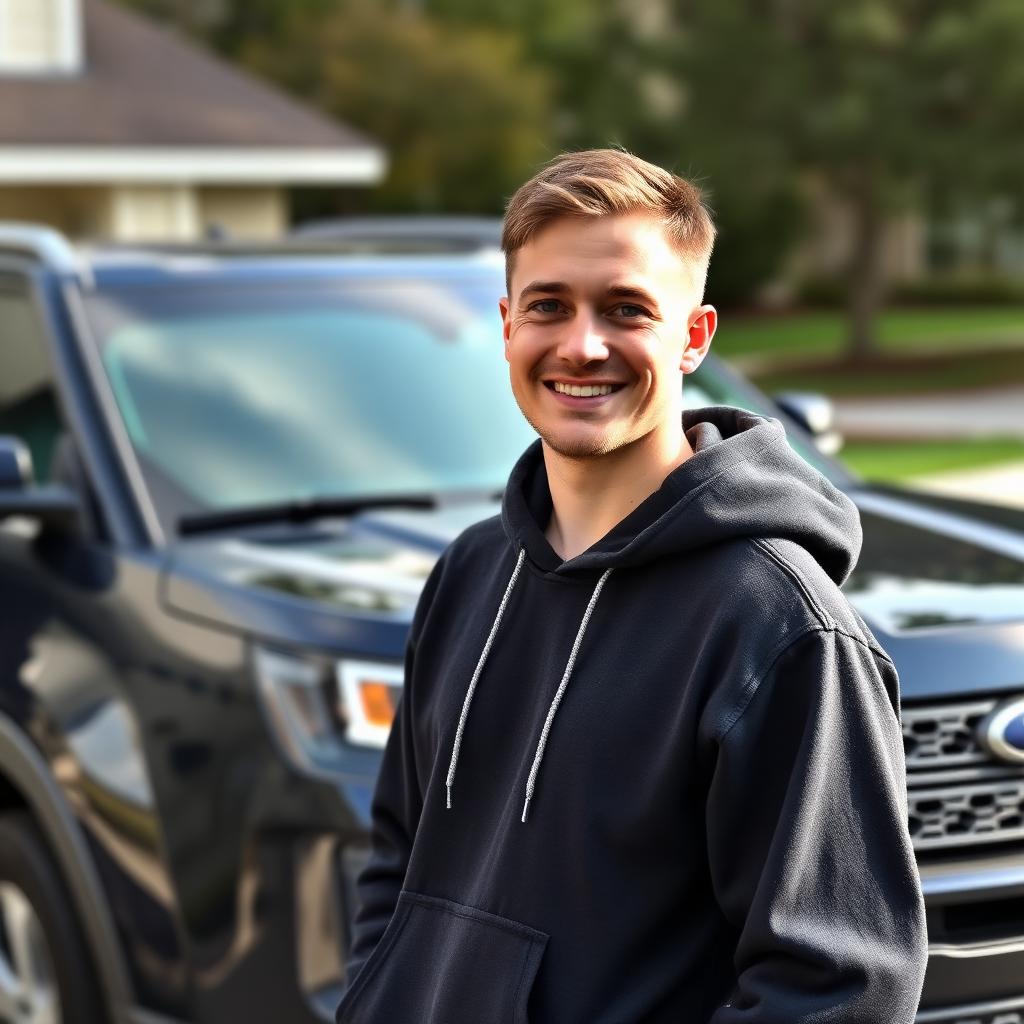 Customer J. J. beside a clean Ford Explorer SUV